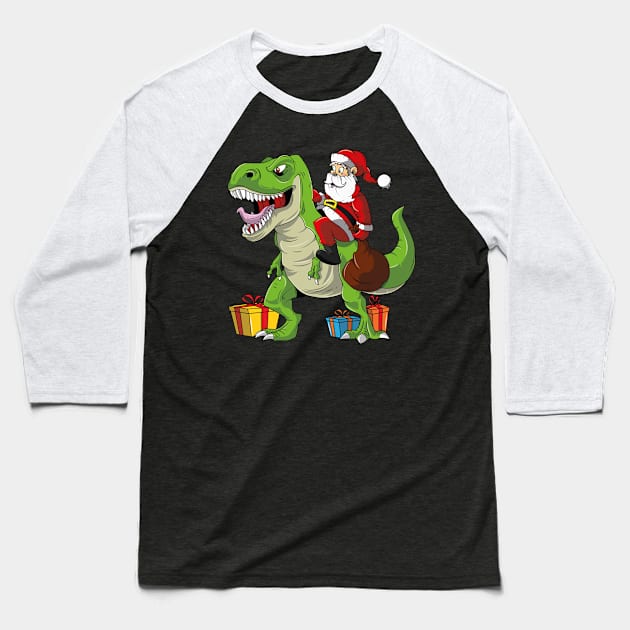 Santa Riding A T-Rex Funny Christmas Baseball T-Shirt by trendingoriginals